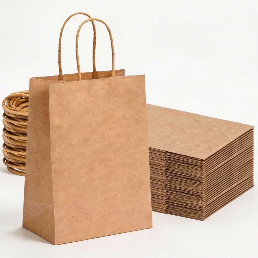 10/30/50 buah Kantong Kertas Kecil Cokelat dengan Pegangan, Ukuran 5,9*3,1*8,2 Inci, Kantong Kertas Ritel, Cocok untuk Kemasan Permen, Pembungkus Kado, Makanan Penutup untuk Dibawa Pulang, Belanja, Kemasan Produk