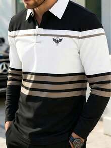 Men Patchwork Contrast Stripe Print Long Sleeve Polo Shirt, Fall - Multicolor - View 1