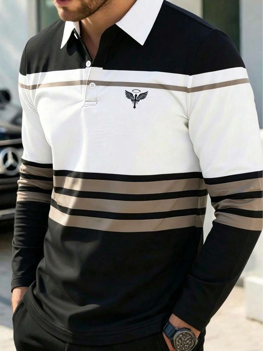 Men Patchwork Contrast Stripe Print Long Sleeve Polo Shirt, Fall - Multicolor - View 1