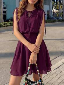 Women's Elegant Chiffon Mini Dress, Tie Neck Cold Shoulder Sleeveless High Waist Flowy A-Line Skirt, Suitable For Party And Outing - Purple - View 8
