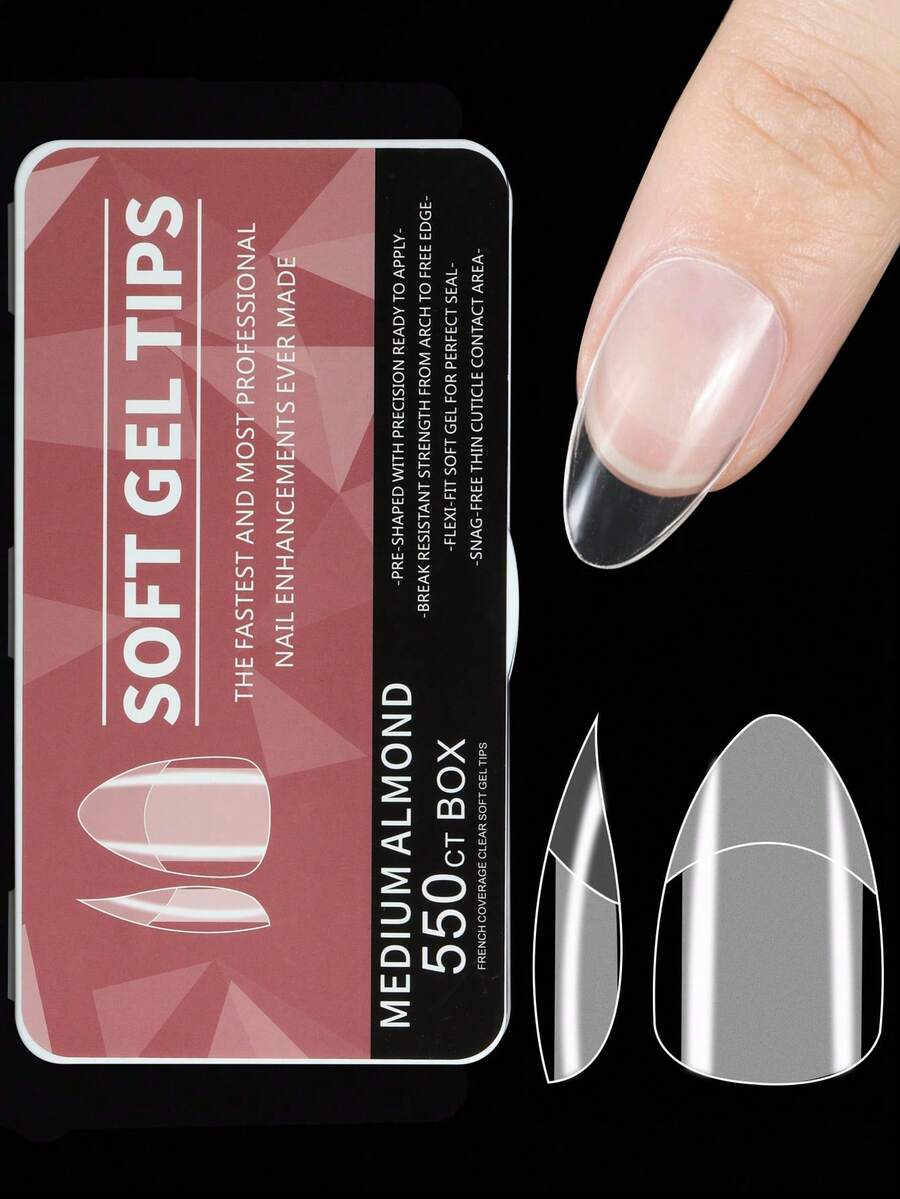 pinpai 1 Box 550pcs Medium Square Soft Gel Nail Stickers, Matte Semi-Matte Full Coverage Removable Nail Wraps, Pre-Formed Transparent Artificial Nails, With Storage Box, Suitable For Nail Salons And DIY Nail Art, Nail Supplies - Clear - View 1