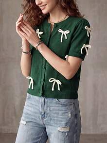 Women's Round Neck Bow Short Sleeve Cardigan With Fabric Buttons | 2026 Spring/Summer New Arrival | Elegant Fashion Versatile Daily Wear - Green - View 4