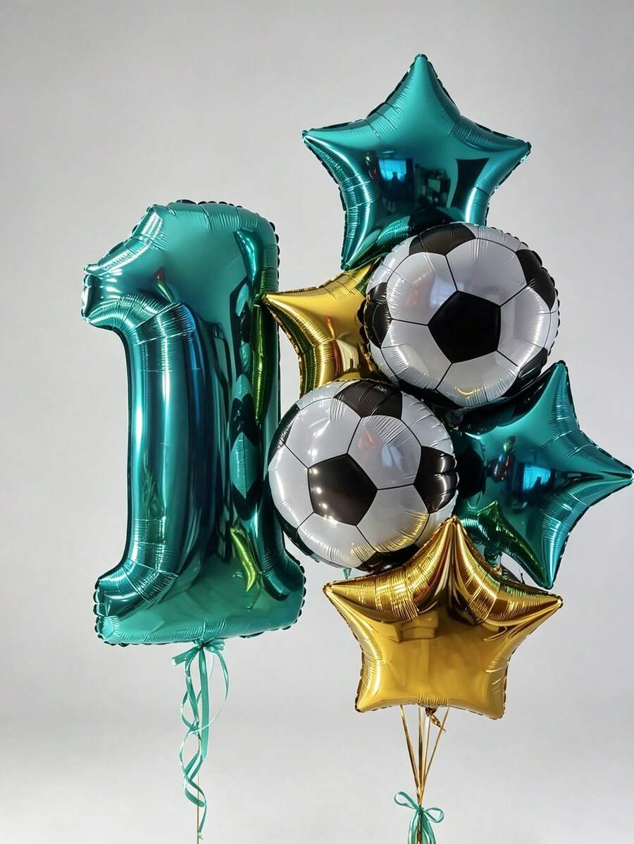 Mint Blue Number Balloon Set, Football Theme Birthday Balloon Combination, Suitable For Birthday, Anniversary, New Year Celebration, Wedding, Bachelor Party, Celebration Decoration Supplies, Foil Material - Mint Blue Number and Five-pointed Star Soccer Kit - View 1