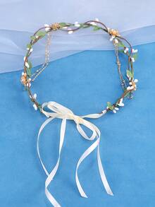 KOVLYNE 1 pièce Serre-tête de mariée bohème avec vigne fleurie, couronne florale avec chaîne dorée et perles avec nœud en ruban, accessoire de cheveux romantique pour mariage & festival pour femmes - Vert - Voir 4