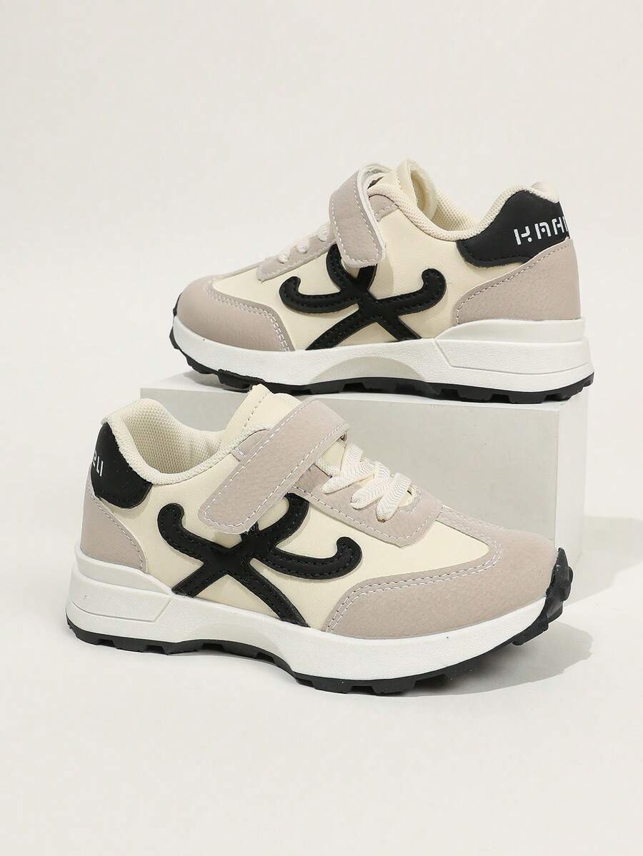 1 Pair 2026 Girls' Gray Beige Black Embroidered Curved Hook And Loop Round Toe Thick Sole Sneakers, Suitable For School And Daily Wear - Beige - View 1