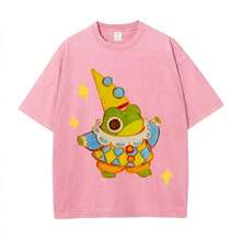 Summer Tops 100% Cotton, Funny Clown Frog Print T-Shirt, Suitable For Daily Wear, A Must-Have For The Beach, Cute Cartoon Pattern, Unisex, Perfect Gif - 安全粉紅色 - 查看 1