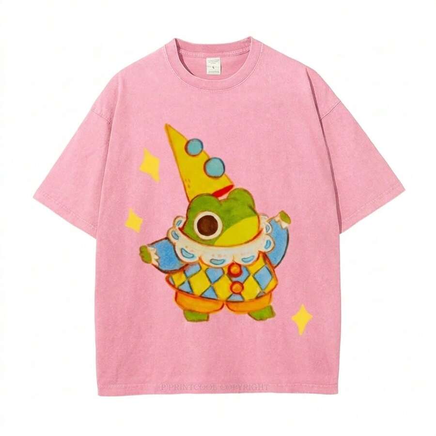 Summer Tops 100% Cotton, Funny Clown Frog Print T-Shirt, Suitable For Daily Wear, A Must-Have For The Beach, Cute Cartoon Pattern, Unisex, Perfect Gif - 安全粉紅色 - 查看 1