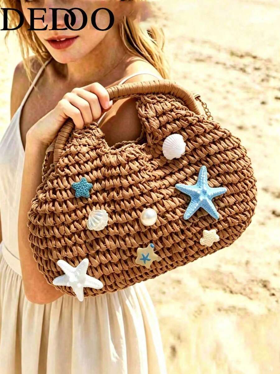 Dedoo 2026 New Woven Clutch Bag, Handmade Raffia Straw Summer Beach Bag, Solid Color Textured Pattern, Large Capacity, Suitable For Women Traveling, Straw Woven Bag