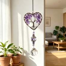 Amethyst Chip Heart Tree Crystal Sun Catcher, Iridescent Prism Hanging Ornament, Boho Car Home Window Balcony Decor Pendant Gift - A Love Chakra Tree Of Life Light Catcher - View 3
