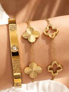 3pcs/1pc Fashion Clover Rhinestone Bracelet Set, Stainless Steel Premium Versatile Vintage Bracelet Set, Suitable For Women's Daily Wear, Holiday Gift, Waterproof And Fade-Resistant Jewelry Bracelet Combination - Gold - View 3