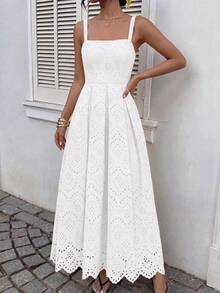 Womens Sleeveless Maxi Summer Dresses  Hollow Out Eyelet Square Neck Ruffle Flowy Beach Vacation Sundress - 白色 - 查看 3