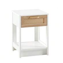 Rattan Side Table With Drawer, Modern Bedside Table, Side Table For Living Room, Bedroom, Natural Wood Look - H55/W40/D40 Cm - 白色 - 查看 8