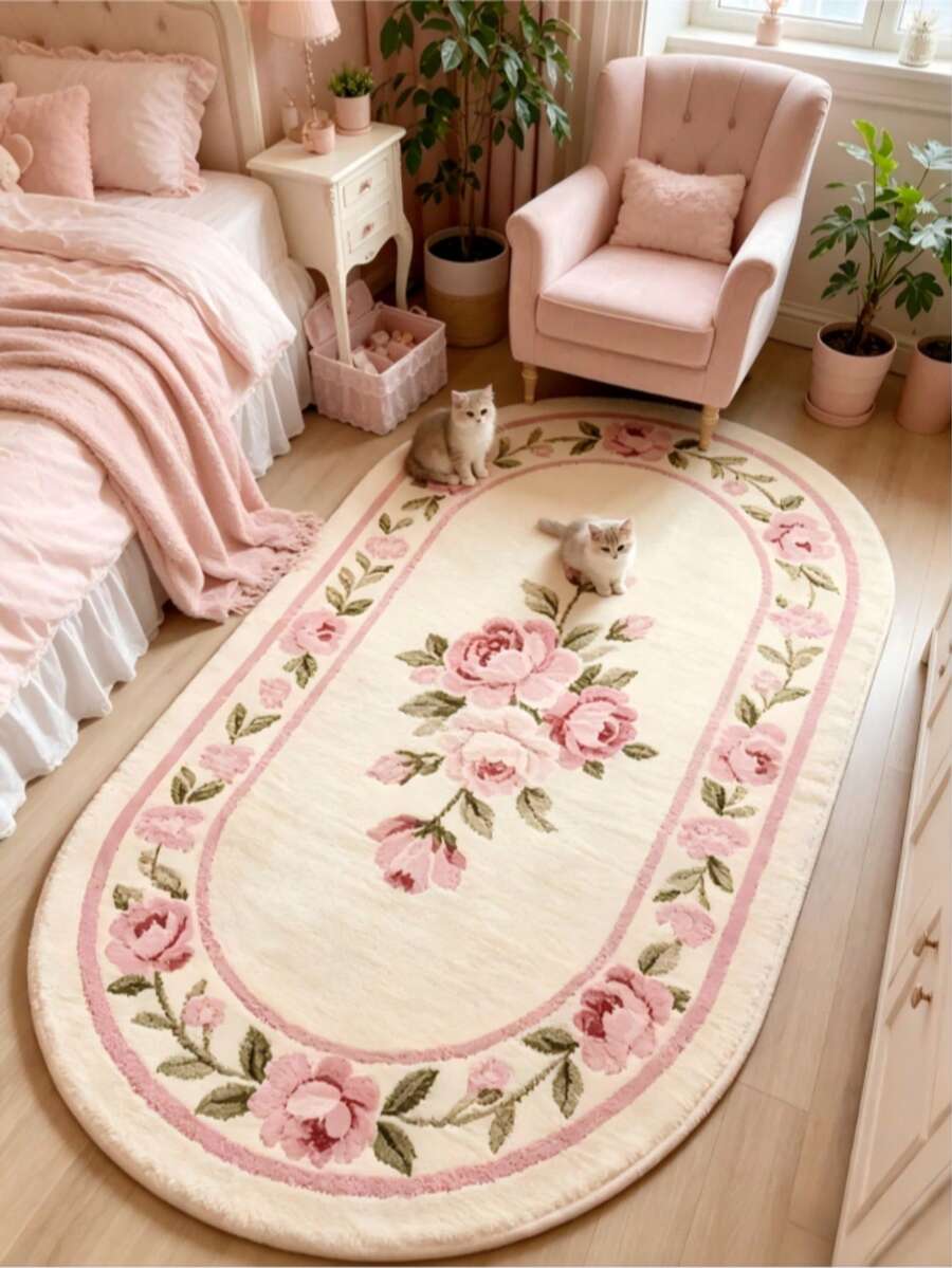 1pc Pink Floral Rug, Cute, Cozy, Thickened Carpet, Plush Rug, Autumn/Winter Rug, Decorative Rug, Bedroom Decor, Small Rug, Carpet, Home Decor, Living Room Rug, Living Room Small Rug, Bedroom Rug - Multicolor 1 - View 1