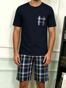 Men's Summer Thin Solid Color Plaid Pocket Short Sleeve Shirt And Plaid Shorts 2-Piece Set, Comfortable Casual Home Loungewear - Multicolor - View 6