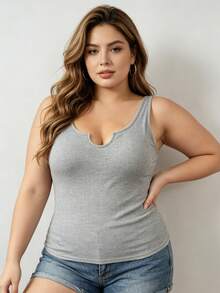 Tank Top Rajut Rib Ukuran Besar dengan Bra Berbantalan, Atasan Tanpa Lengan Minimalis Leher Rendah Seksi, Cami Atletik Bernapas untuk Yoga, Olahraga & Pakaian Jalanan Sehari-hari - Grey - View 3