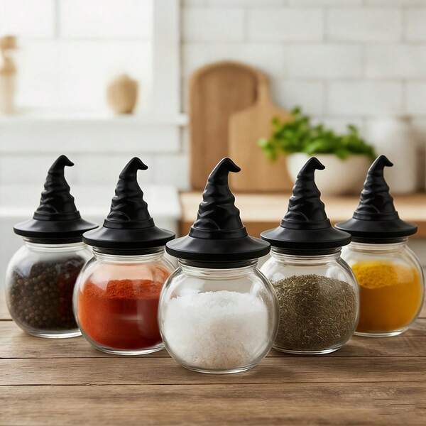 1 pieza Tarro de especias con sombrero de bruja, bote de almacenamiento de decoración de Halloween para sal, azúcar, vainilla, uso de cocina, decoración del hogar gótica de brujería