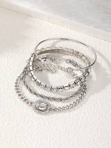 4pcs Luxury Fashion Minimalist Personalized Fresh Multi-Layer Stackable Square Rhinestone Chain Bracelet Set For Women, Cross-Border Seasonal Hot-Selling High- Elegant Bracelet Set Suitable For Daily Wear - Silver - View 3