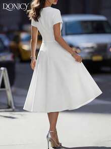 DONICY Women's White Textured Belted Midi Dress Spring Summer Fashion Elegant Wedding Guest Date Going Out Daily Casual Party Outfit - White - View 2