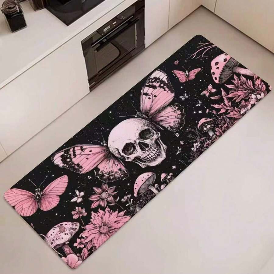 1pc Butterfly Skull Pattern Floor Mat, Kitchen Rug, Kitchen Mat, Kitchen Carpet, Door Mat, Small Rug, Carpet, Runner Rug, Floor Mat, Home Decor, Area Rug, Outdoor Mat, Home Decor, Area Carpet, Bedroom Rug, Washable Carpet - Multicolor - View 1