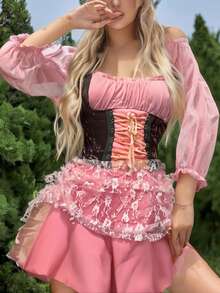 Women Pirate Costumes Contrast Long Sleeve Short Dress Halloween Cosplay Clothes For Party Club Stage - Pink - View 6