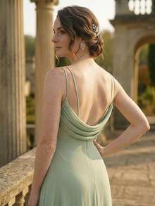 Volly Toych Solid Color Floor-Length Chiffon Spaghetti Straps Elegant Formal Bridesmaid Dress With Low Back - Mint Green - View 3