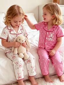 4pcs/Set Sweet & Cute Spring/Summer Girls Pajamas, Bow/Rabbit/Polka Dot Pattern Short Sleeve Top + Long Pants, Soft & Comfortable - Multicolor - View 1