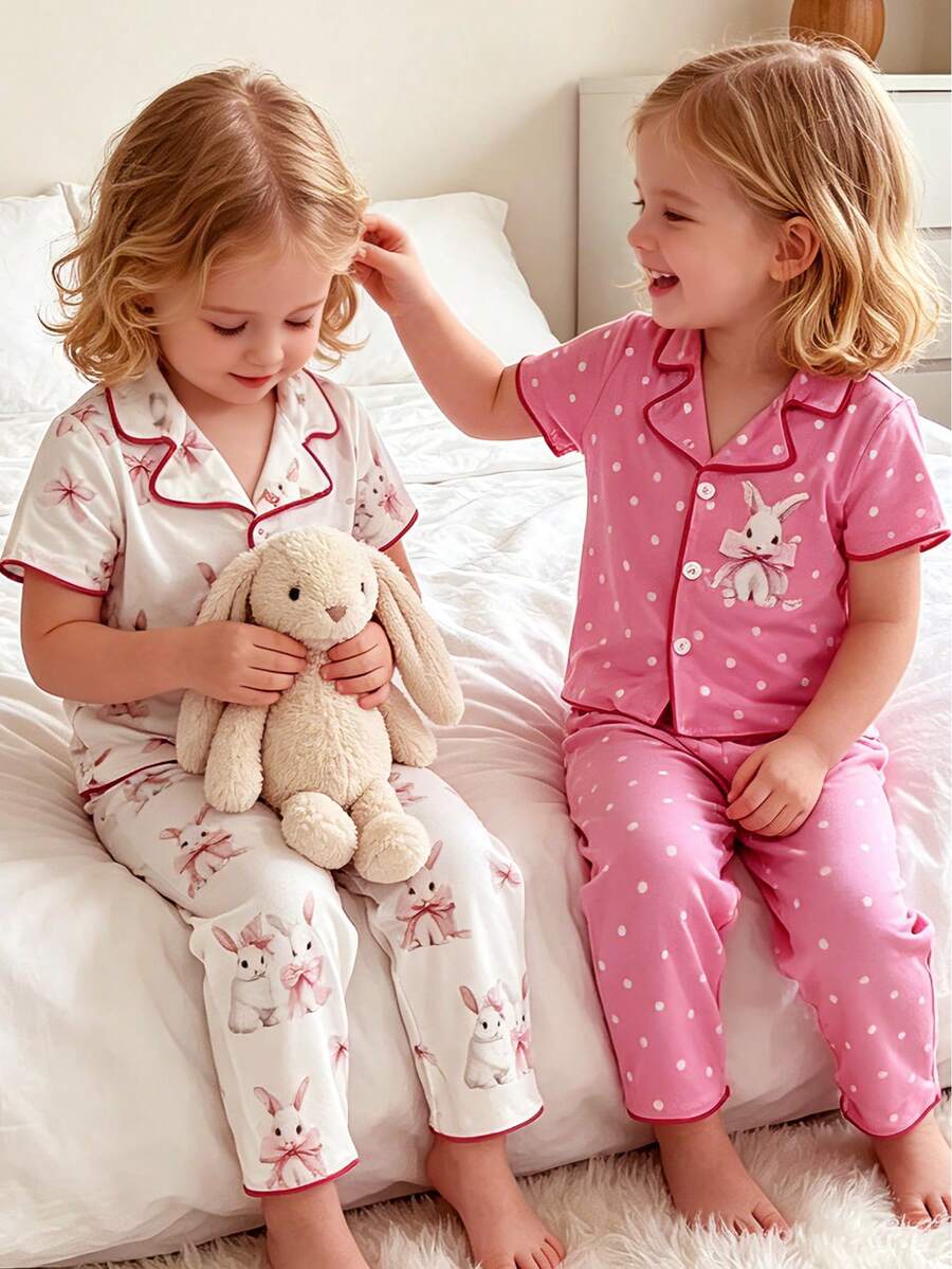 4pcs/Set Sweet & Cute Spring/Summer Girls Pajamas, Bow/Rabbit/Polka Dot Pattern Short Sleeve Top + Long Pants, Soft & Comfortable - Multicolor - View 1