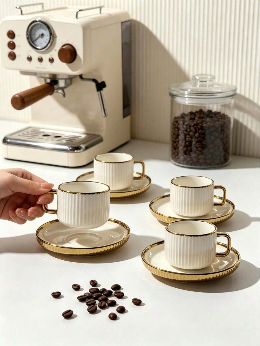6pcs/1set Luxury Gold Rim 90ML/3.OZ Ceramic Tea Set, Includes Coffee Cup And Saucer, (Iron Rack Not Included)/Espresso, Dishwasher . Perfect For Home Kitchen, Tabletop Decor, Afternoon Tea, Coffee Drinking, Personalized Gift, Kitchen Accessories, Ramadan, Party, Birthday, Wedding And Dinner. Valentine's Day Gift For Him, Valentine's Day Gift (Iron Rack Not Included) - Multicolor - View 1