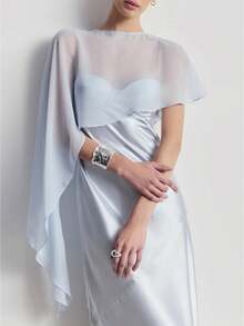 Women Chiffon Shawl Cape Mesh Sheer Poncho Top Capelets For Evening Dress Shawl Wraps Cover Up Wedding Party - 淺藍色 - 查看 2