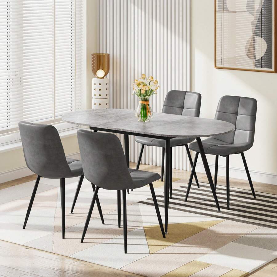 Extendable Dining Table And Chairs Set Of 4, Oval Mable Effect Table With Upholstered Chairs For Dining Room