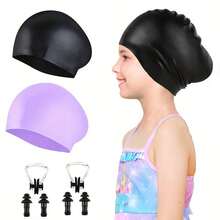 Gorro de natación (2 piezas), Gorro de natación unisex para cabello largo--Gorro de natación de silicona, Adecuado para cabello largo, Adecuado para niños y adolescentes de 5-15 años, Gorro de natación impermeable y duradero, Gorro de baño impermeable con protección para los oídos, Mantiene el cabello seco - Multicolor - Ver 15