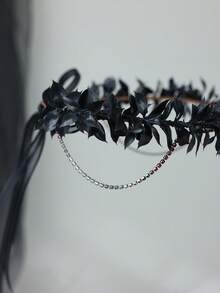 1 Stück gotische schwarze Blattkrone mit Krähenschädel und rotem Strass-Anhänger-Kette, Vampir-Stirnband, geeignet für dunklen Cosplay-Look - Schwarz - Übersicht 4