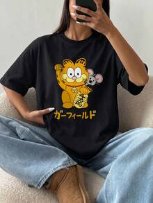 SHEIN | Garfield 女款黑色T恤，幸運招財貓與老鼠日文字母印花，寬鬆短袖，適合日常街頭女孩休閒穿搭 - 黑色 - 查看 6