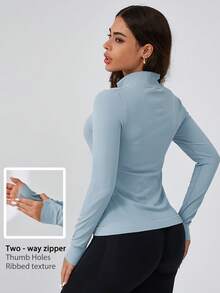 Leorrey 1pc Women's Ribbed Double Zipper Stand Collar Fitness Workout Yoga Running Cycling Long Sleeve Sports Jacket - Baby Blue - View 2