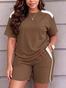 Spring Summer Autumn Women's Casual Round Neck Short Sleeve Top And Shorts Set, With Pockets, Slightly Elastic Fabric Elegant - Brown 89 + White - View 3