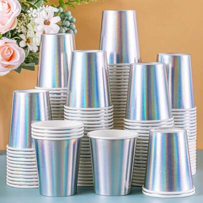 200/100/50/25/10 Peças Copos de Papel Prateados Reforçados à Prova de Vazamento, Copos de Papel Prateados com Laser - Copos de Papel com Capacidade de 9oz, Adequados para Suco, Café, Água Potável de Escritório, Perfeitos para Casamentos, Aniversários, Volta às Aulas, Feriados e Festas, Podem Ser Usados para Bebidas Frias e Quentes