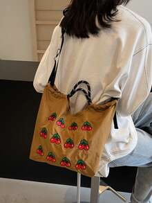 1件櫻桃刺繡裝飾尼龍防水布料大容量抽繩+扣環肩帶雙重開合日系休閒風托特包，適合學生、通勤、外出、短途旅行，女生女款手提包，可拆卸肩帶 - 彩色 - View 13