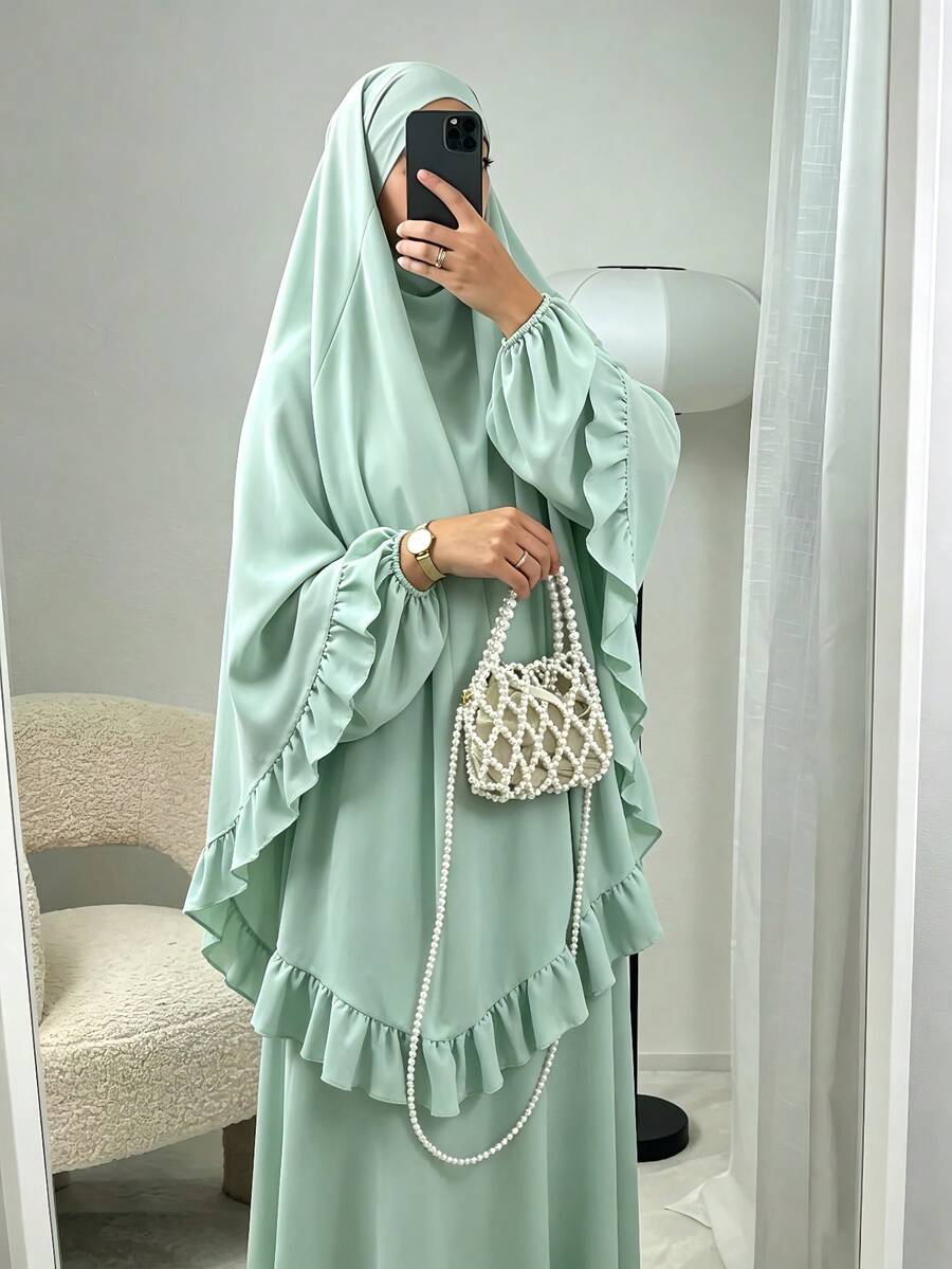 Elegant Ruffle Detail Khimari Long Robe Set, Loose Plus Size Full Length Modest Women's Clothing, Suitable For Middle Eastern Women's Daily Casual Occasions - Multicolor - View 1