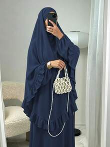 Elegant Ruffle Detail Khimari Long Robe Set, Loose Plus Size Full Length Modest Women's Clothing, Suitable For Middle Eastern Women's Daily Casual Occasions - Multicolor - View 3