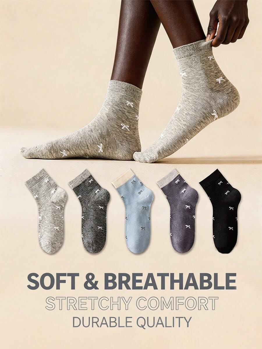 5 Pairs Women's Mid-Calf Socks With Sweet Bow Pattern Design, Creative Fashion Personalized Women's Socks, Spring/Autumn Thin Breathable Comfortable Moisture-Wicking Socks, Sports Casual Streetwear College Style Elegant Women's Long Socks, Suitable For Daily Versatile Use, Holiday Gifts, Party - Multicolor - View 1