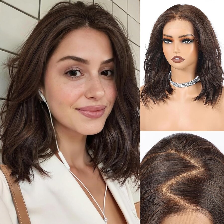 Peluca de encaje frontal HD 13x4 para mujeres, cabello sintético ondulado resistente al calor de 12 pulgadas, pelucas de encaje sin pegamento de longitud de hombro para uso diario, fiesta&cita (marrón), Halloween - Multicolor - Ver 1