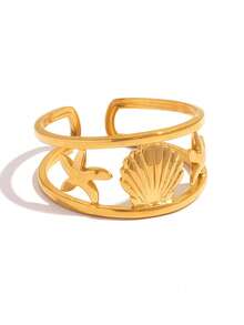 Frminee 2pcs/1pc Summer Ocean Style Women's Jewelry Starfish Shell 18K Gold Plated Stainless Steel Ring, Beach Accessory, Suitable For Daily Wear And Vacation, Holiday Gift - Multicolor - View 7