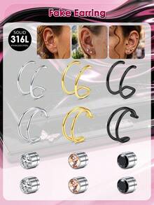 Fake Lip Ring Double Hoop Fake Clip-On Snake Bite Lip Ring Fake Cartilage Clip, Fake Earring Piercing Clip-On Hoop Fake Lip Piercing Jewelry - A Style - View 2