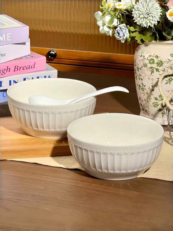 1pc Beaded Roman Relief Ceramic Bowl, French Style Relief Roman Yogurt Oatmeal Dessert Bowl, INS Style Large Capacity Breakfast, Light Meal Bowl, Soup Bowl, Noodle Bowl, Suitable For Restaurant, Living Room, Kitchen, Diner