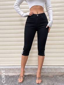 Women's Plus Size Stretch Button Capri Length Jeans, Autumn Essential - Black - View 5