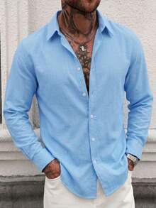 Men's Solid Color Comfortable Casual Single-Breasted Long Sleeve Commuter Shirt - Blue - View 3