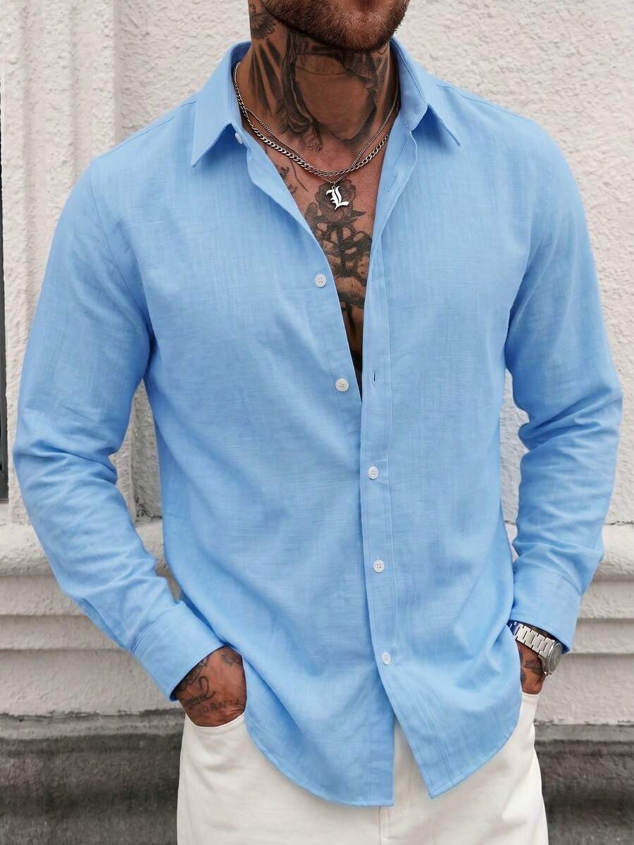 Men's Solid Color Comfortable Casual Single-Breasted Long Sleeve Commuter Shirt - Blue - View 1