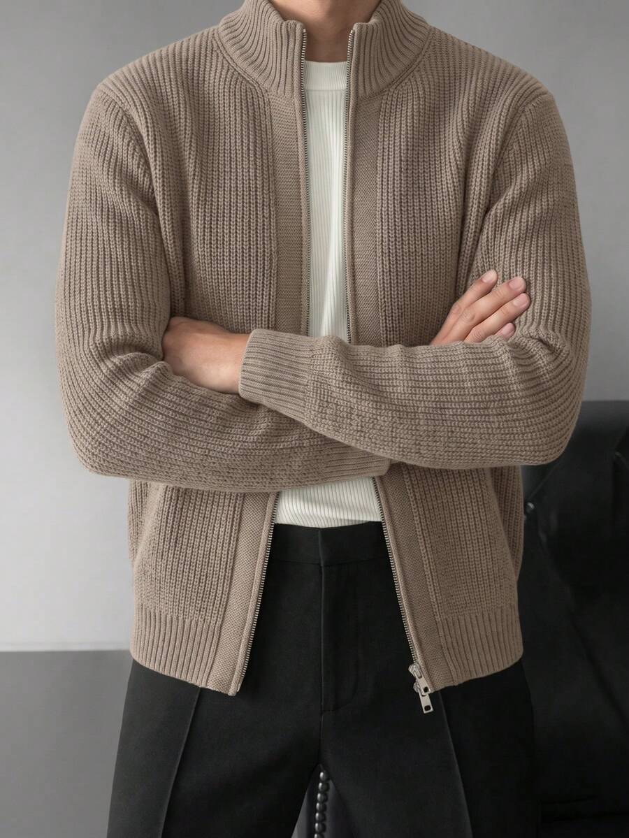Cardigan Rajut Longgar Pria dengan Resleting, Musim Gugur/Dingin