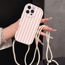 Funda de teléfono con cordón multifuncional ajustable y correa cruzada, rayas verticales rosas llamativas, carcasa protectora a prueba de golpes de TPU fácil de usar para teléfonos Apple - Multicolor - Ver 2