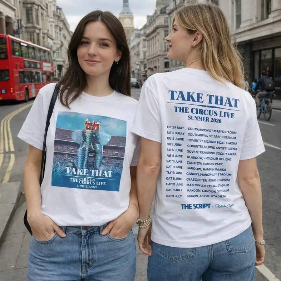 Chemise blanche Take That 2026 avec dates de la tournée UK Stadium imprimées au dos, concert d'été Circus Live, économisez sur l'achat - Couleur 1 - Voir 1